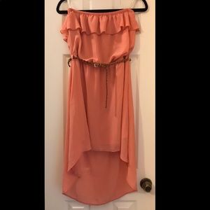 Peach sleeveless hi lo dress with tan braided belt